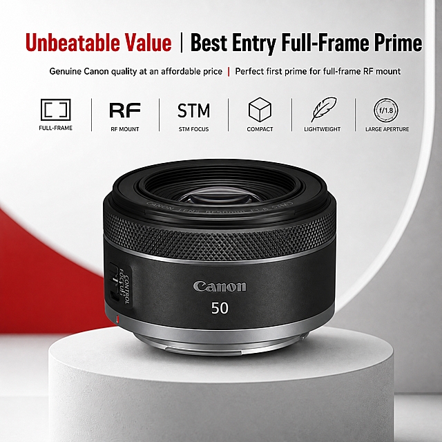 根据RF50mm F1.8 STM产品生成5张带场景速卖通卖点主图，突出产品卖点，每张主图突出卖点不同，，英文高级电商设计，穿插带场景的图，突出产品卖点，风格统一，文字图标完整清晰，排版具有呼吸感