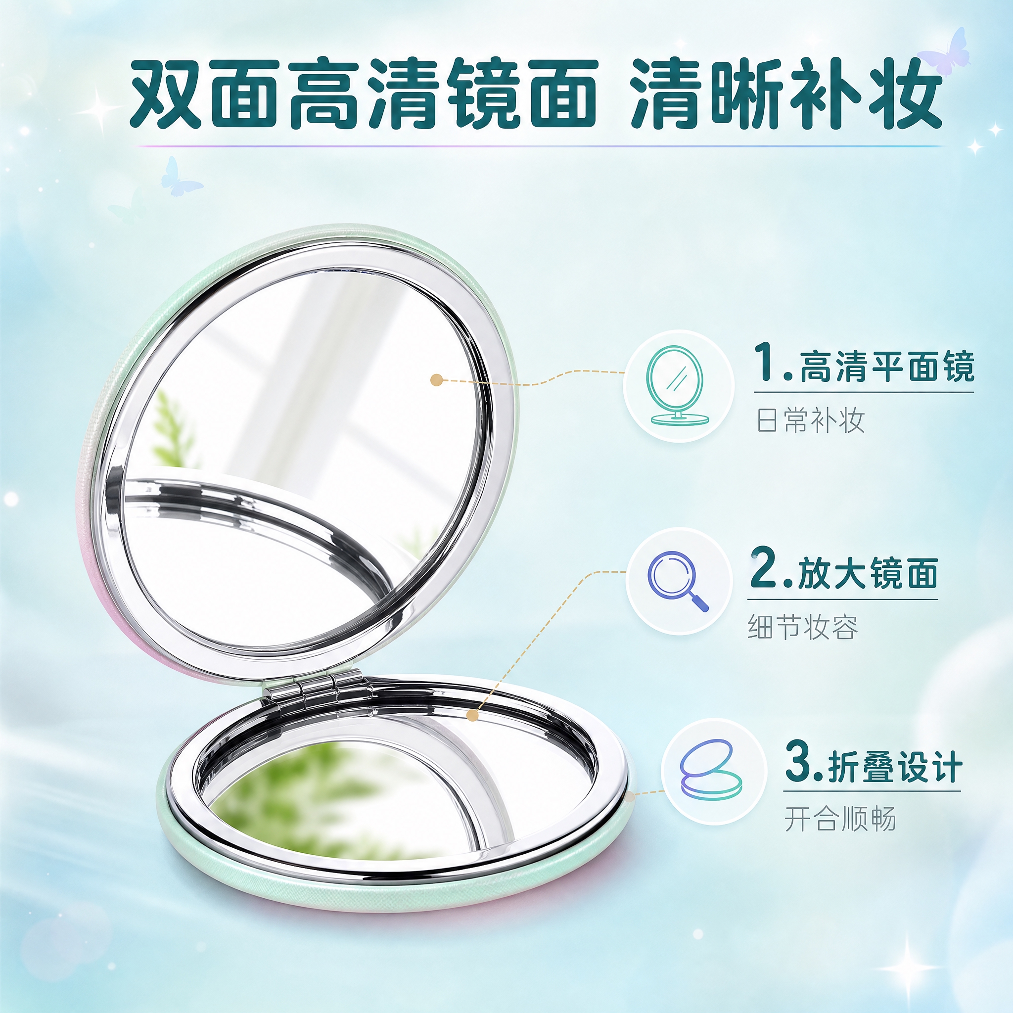 [主图-2] 核心亮点功能展示，突出双面高清镜面和折叠开合结构… - 图片创意预览
