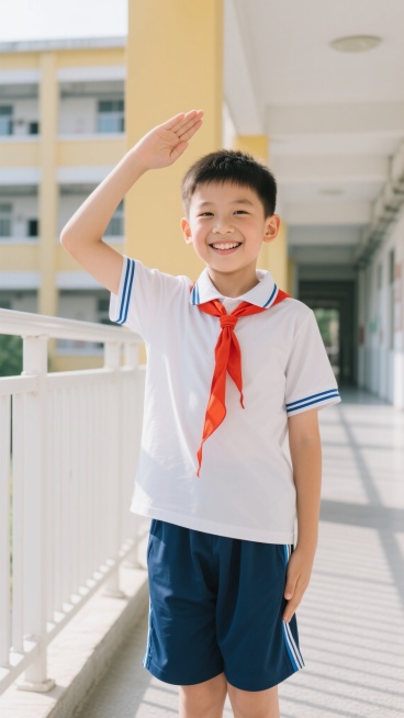 一个穿着白色短袖校服（袖口有蓝色条纹）、系着鲜艳红领巾、搭配深蓝色运动短裤（侧边有蓝色线条）的亚洲小男孩，站在校园走廊的阳光下，面带灿烂真诚的笑容，正标准地举右手敬礼。背景是浅黄色和白色相间的教学楼，走廊有白色栏杆和灰色地面，光线明亮柔和，整体画面清晰自然，充满积极向上的校园氛围和童真感，写实摄影风格，色彩明快，对焦准确，人物表情生动，展现出小学生的朝气与尊敬。预览效果