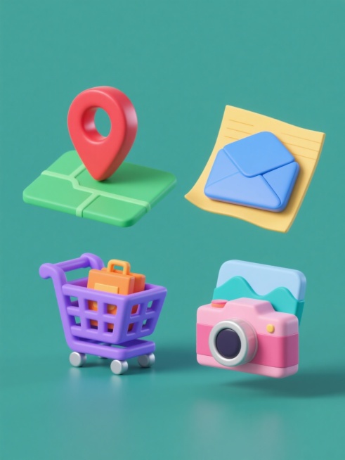4个同风格系列图标规整排布，每个图标均采用3D立体简约设计风格，具有光滑渐变的材质、清晰硬朗的边缘轮廓和微妙的阴影立体感，背景为纯色且各自不同。第一个图标是红色定位标记插在绿色地图上，第二个图标是蓝色信封放在黄色纸张上，第三个图标是紫色购物车装载橙色商品，第四个图标是粉色相机对着青色风景，所有元素保持相同的3D建模风格、视觉重量和简洁造型，整体形成色彩丰富且风格统一的系列素材集合。预览效果