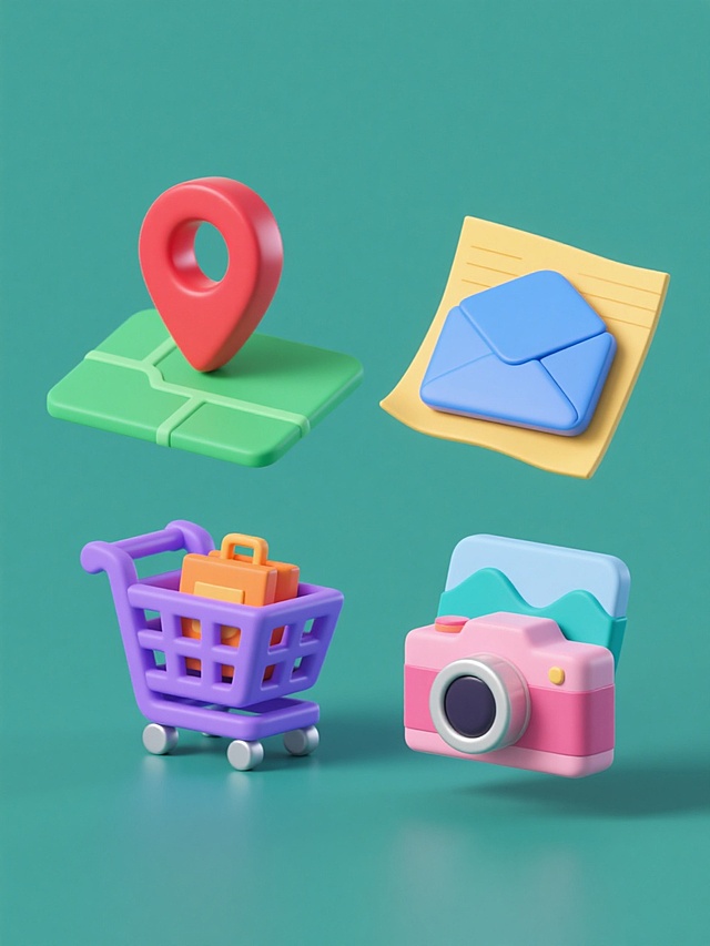 4个同风格系列图标规整排布，每个图标均采用3D立体简约设计风格，具有光滑渐变的材质、清晰硬朗的边缘轮廓和微妙的阴影立体感，背景为纯色且各自不同。第一个图标是红色定位标记插在绿色地图上，第二个图标是蓝色信封放在黄色纸张上，第三个图标是紫色购物车装载橙色商品，第四个图标是粉色相机对着青色风景，所有元素保持相同的3D建模风格、视觉重量和简洁造型，整体形成色彩丰富且风格统一的系列素材集合。