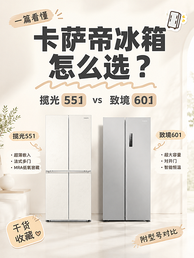 小红书笔记大字封面，配图大字，ins清新高级家电风，版式精美，小红书笔记封面质感，适合信息流点击。主标题必须完整呈现且为画面视觉中心，逐字锁定：「卡萨帝冰箱怎么选？」。主标题字号占画面约55%视觉权重，清晰可读，不得增删改字。副标题：「揽光551 vs 致境601」。装饰短句/角标：「一篇看懂」「附型号对比」。背景：奶白色+浅米灰渐变弥散底，干净通透，适配白色冰箱，整体明亮柔和。标题排版：扁平超粗黑体，深炭灰色主标题，关键词「551」「601」用浅奶茶色小色块底高亮；采用配图大字I16简单拼贴策略，主标题居中偏上。配图：画面下半部分左右各放一台卡萨帝冰箱产品图，左侧为【图1】白色揽光551十字门冰箱，标注卖点「超薄嵌入·法式多门·MRA低氧窖藏」；右侧为银灰色致境601对开门冰箱，标注卖点「超大容量·对开门·智能恒温」；两台冰箱带柔和投影、比例协调、不抢标题。装饰：右上角1个冰箱emoji小贴纸；主标题下方1条手绘细波浪下划线；左下角加一个圆角便签角标写「干货收藏」；整体克制不杂乱。整体氛围：高级家电选购、干货分享、清爽有质感、奶白治愈系。画质：高清细腻，信息层级清晰，主标题与背景强对比，文字完整处于安全区内不可裁切，四周留安全边距。画面比例3:4，4K。图生图：严格使用用户上传图片，【图1】= 左侧白色揽光551冰箱产品图，保留外观与白色机身。