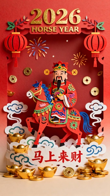 库淑兰剪纸艺术风格，绚烂彩色剪纸，微缩摄影，年味立体剪纸纸雕艺术，财神爷骑着马，金元宝与钱币祥云，顶部的红灯笼、烟花。中国风，东方审美，唯美，极简主义，浅暖色背景，海报构图，极端构图，丰富的镂空细节，预览效果