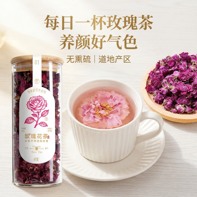 抖店电商主图，平阴花冠玫瑰，场景化展示：浅白色木纹背景上，摆放玻璃罐产品、木盘干玫瑰和一杯冲泡好的玫瑰茶，阳光柔和照射，上方文字'每日一杯玫瑰茶 养颜好气色'，副标题'无熏硫 | 道地产区'，整体风格预览效果