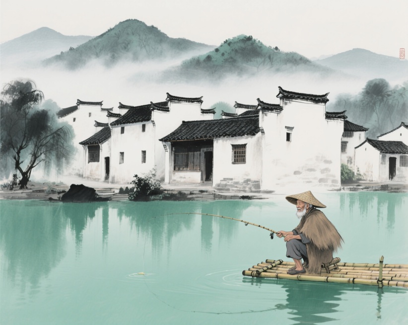 江南徽派建筑风格的房子，白墙黛瓦，飞檐翘角，后方是连绵起伏的青山，云雾缭绕，前方是碧绿的湖水，湖面平静如镜，湖里有一位老翁坐在小竹床上钓鱼，老翁戴着斗笠，身穿蓑衣，手持鱼竿，整体画面呈现传统水墨画风格预览效果
