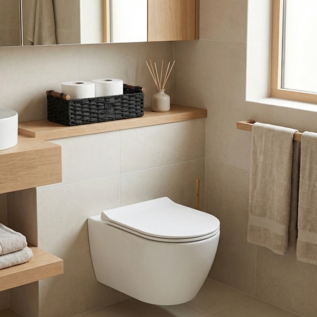 clean modern toilet area, white toilet, slim over-the-toilet shelf in light oak, warm neutral decor,预览效果