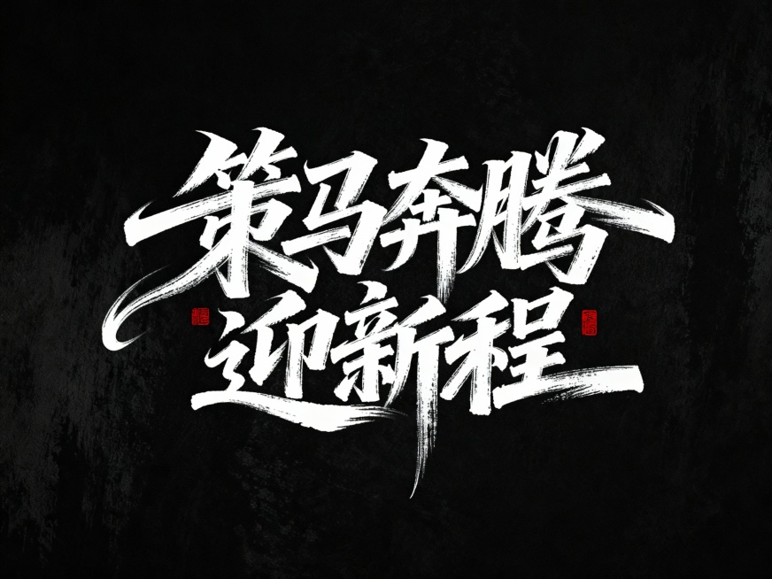 书法字“策马奔腾，迎新程”，字体狂野豪迈奔放，笔画飘逸国潮风格，视觉震撼富有动感张力，笔画巧妙延长设计变形，飞白，笔画增加水墨笔刷效果，笔触流畅潇洒，黑底白字。红色小印章点缀。预览效果
