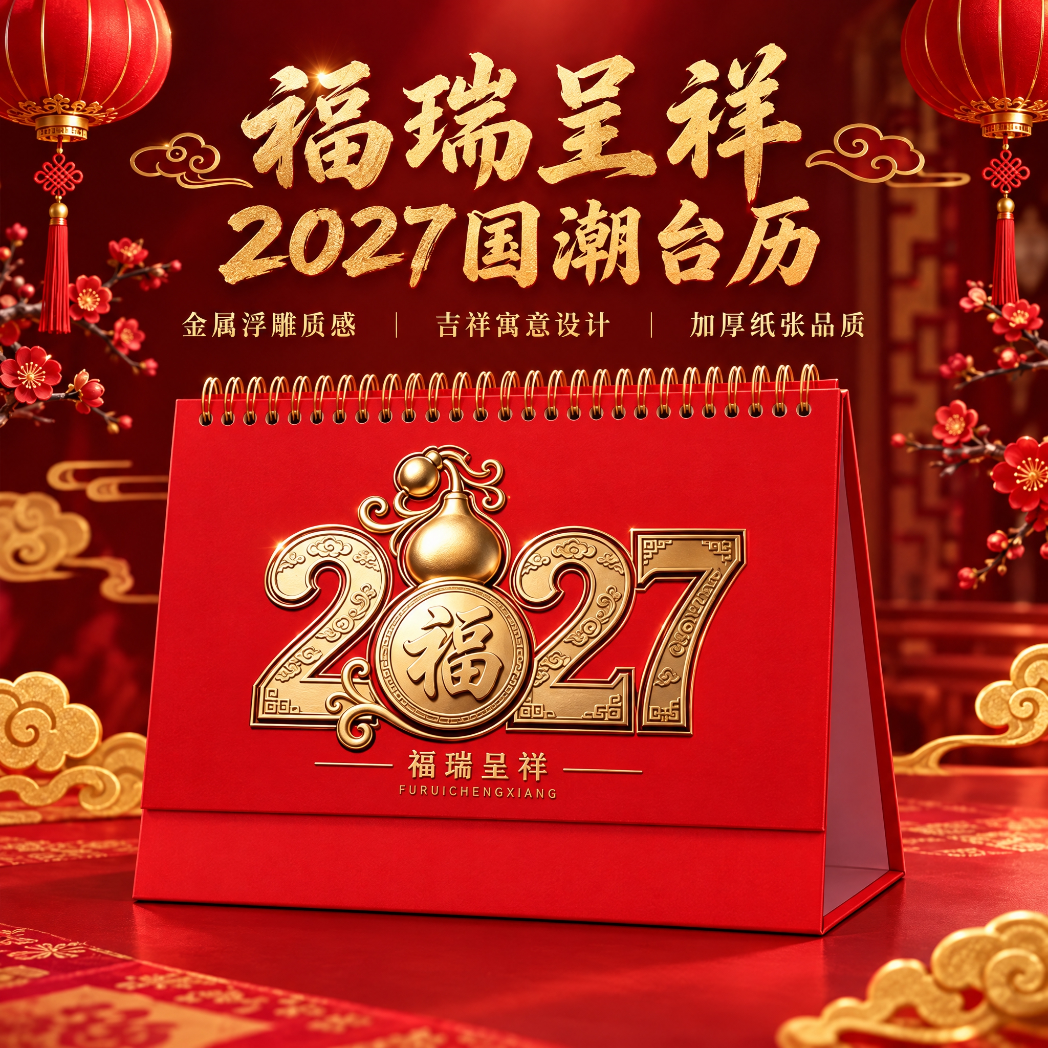 生成福瑞呈祥葫芦款台历单品主图。国潮喜庆风格，红金主色调，深红… - 图片创意预览
