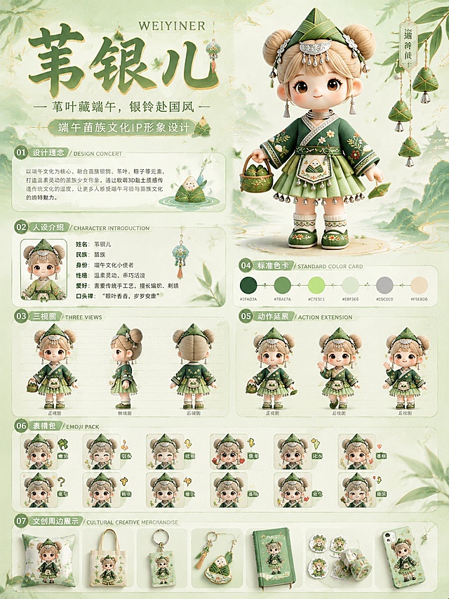 参考左侧图IP形象展板版式排版，生成端午苗族IP形象「苇银儿」完整制作流程展板，整体风格为软萌3D黏土质感，淡绿鎏金水彩国风底纹，分为标题区、设计理念区、人设介绍区、三视图区、标准色卡区、动作延展区、表情包区、文创周边展示区八大板块，核心主题为“苇叶藏端午，银铃赴国风”，IP人物为融合端午文化与苗族银饰元素的软萌少女，双丸子头搭配粽子头饰，身穿改良苗族墨绿斜襟短衫搭配浅绿百褶裙，点缀苗银项圈、银耳饰、银吊铃，主色调为墨绿、浅绿搭配银饰灰，文字录入IP设定：性格温柔灵动、乖巧活泼，喜爱传统手工艺，口头禅“粽叶香香，岁岁安康”，排版清晰干净，整体风格统一治愈国风