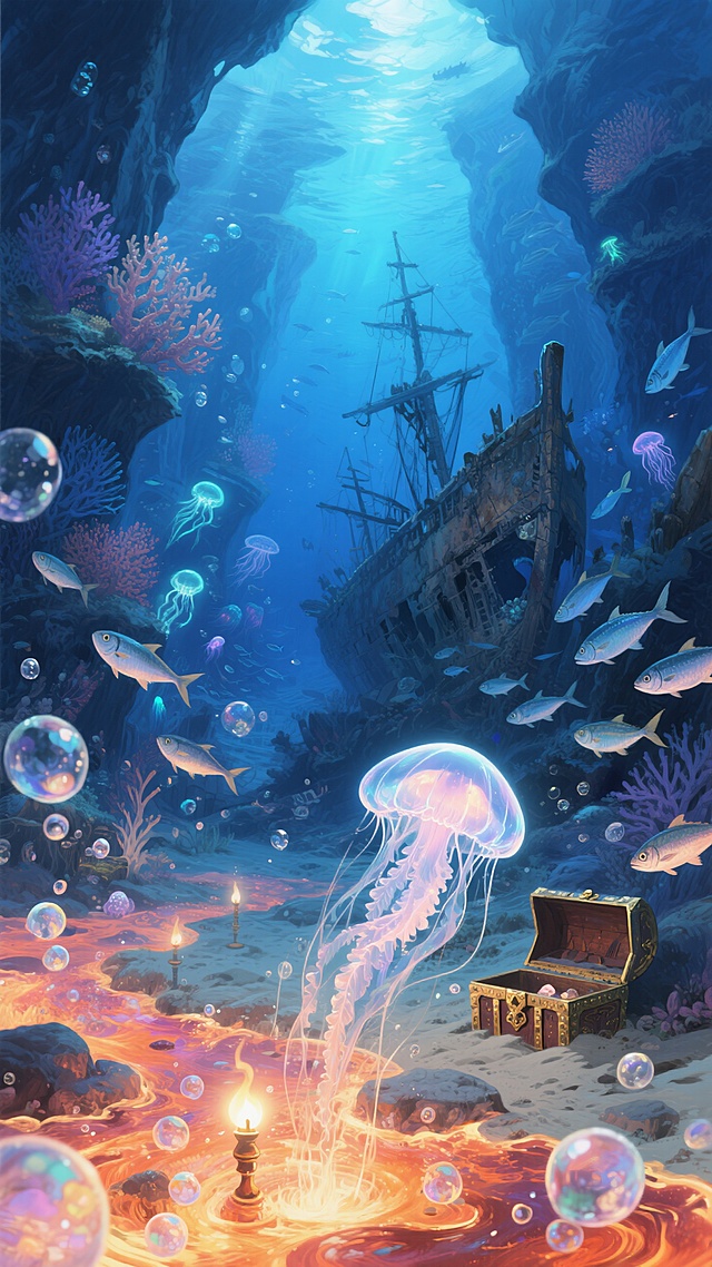 背景是发光的深海珊瑚峡谷，前景是气泡涌动的热泉区，透明水母充当照明灯，沉船废墟中藏着宝箱，沙丁鱼群，幽蓝色调中点缀生物荧光，神秘海底宴会氛围