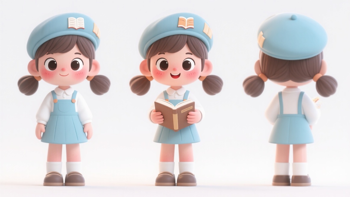 以书香生活为原形设计一个卡通可爱的IP形象，女孩，3d风格，高质量渲染，纯白色背景预览效果