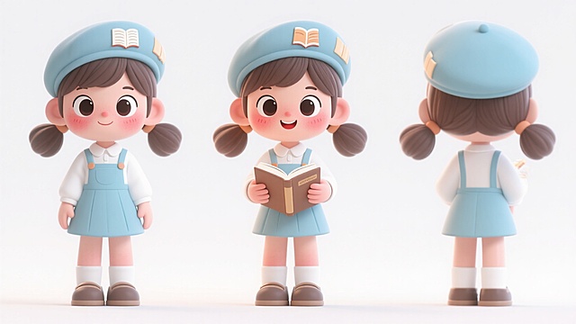 以书香生活为原形设计一个卡通可爱的IP形象，女孩，3d风格，高质量渲染，纯白色背景