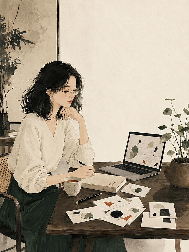 Remove the small gray elephant-shaped paperweight from the desk. Keep everything else unchanged: the woman, the tea cup, the linen notebook, the fountain pen, the concept cards, the laptop, the potted plant, and the overall Chinese editorial illustration style with ink linework and mineral color palette. The top-right area remains bright and uncluttered for text overlay. No text, no letters, no logos, no watermark.