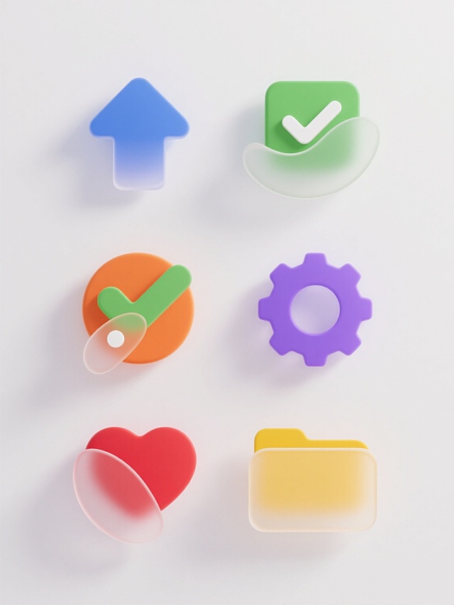 白色背景上，六个规整排布的现代简约风格图标，每个图标均采用从中心向边缘渐变的半透明色彩效果，具有平滑的曲线轮廓和柔和的光影过渡。图标元素包括：1. 蓝色向上箭头，2. 绿色对勾符号，3. 橙色圆形信息图标，4. 紫色齿轮设置图标，5. 红色心形图标，6. 黄色文件夹图标。所有图标保持统一的视觉语言，大小一致，间距均等，整体呈现出简洁、清晰、专业的设计感。