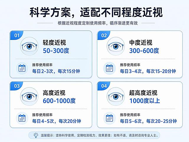[第7屏] 详情页人群适配屏，明确不同近视程度适用方案。  
[氛围/风格] 清晰分类风格，卡片分区，直观易读。
[元素布局] 整屏分为四个适配卡片，分别对应：轻度近视(50-300度)、中度近视(300-600度)、高度近视(600-1000度)、超高度近视(1000度以上)，每个卡片标注适用范围和推荐使用频率，排版整齐清晰。
[光影质感] 每个卡片光影均匀，边框柔和，文字清晰，整体通透干净。
[配色色系] 全局底色 #f0f8ff；选中适配卡片用浅蓝色填充，未选中用白底蓝边，文字深色清晰。
[视角构图] 两行两列卡片宫格排版，空间均衡，信息分布均匀。  
[文字版式] 顶部主标题「科学方案，适配不同程度近视」，每个卡片标注度数范围和推荐使用频次，文字大小适中清晰可读。
[比例分辨率] 4:3 比例，4K 分辨率，文字清晰可辨，高清画质。
[负向提示词] 文字错乱，文字过小，虚假分类，排版杂乱。