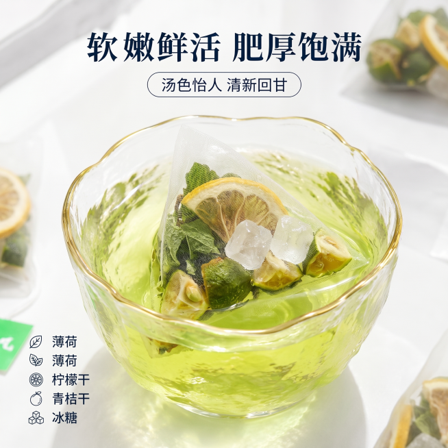 [单张主图] 薄荷青桔柠檬茶 三角包泡在玻璃杯里展示电商主图，完全参考提供图片的创作思路和排版构图，三角包内原料为薄荷叶、柠檬干、青桔干、单晶冰糖。
[参考比对] 参考图采用干净纯白色背景，顶部大标题预览效果