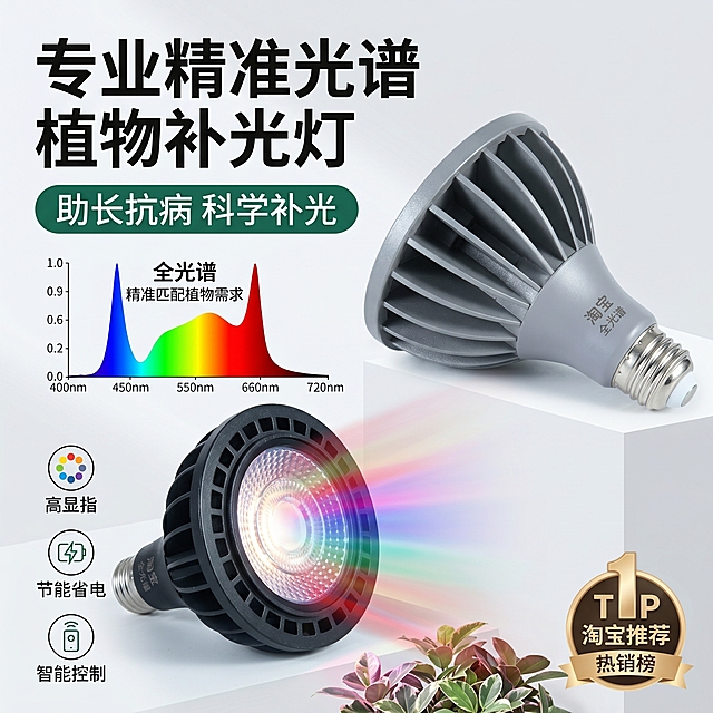 淘宝电商主图，产品为黑色灰色植物补光灯，突出卖点精准光谱，1:1比例，简洁专业的电商风格，适合淘宝平台展示