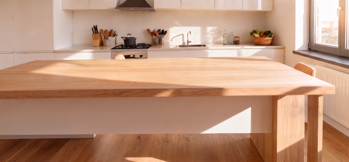 移除实木桌面上的所有食物，只保留干净的实木桌面，不改变图片原有厨房背景和色调，保持风格一致预览效果