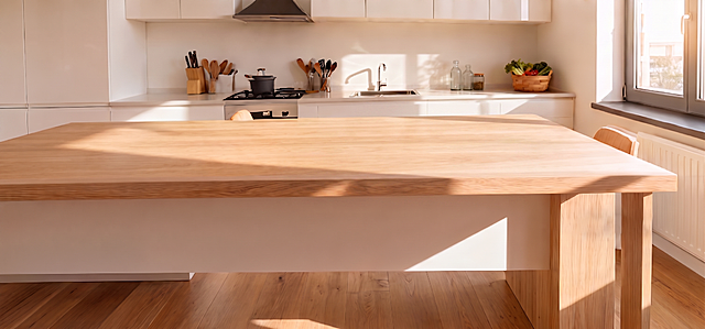 移除实木桌面上的所有食物，只保留干净的实木桌面，不改变图片原有厨房背景和色调，保持风格一致