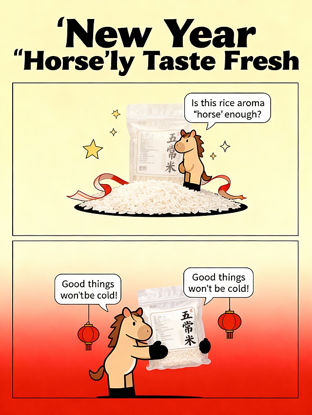 Two-panel comic storyboard. The main title in artistic font at the top reads "New Year 'Horse'ly Taste Fresh". The first panel features a cartoon pony next to Wuchang rice.