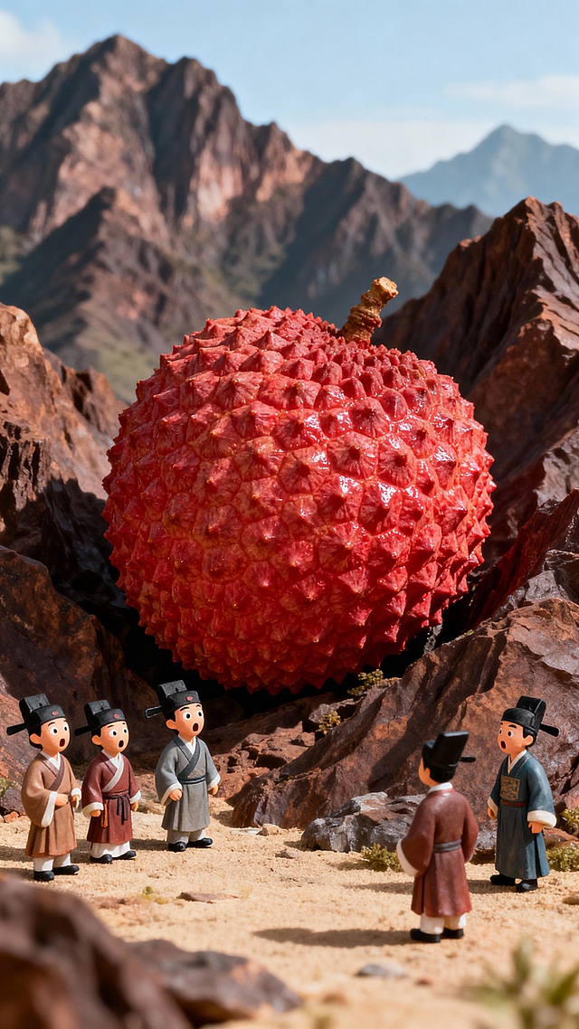 国潮风与微缩艺术结合，卡通感人物环绕巨大粘土质感荔枝，3D立体呈现拟人化场景，体积感十足，展现山野奇遇的趣味意境。