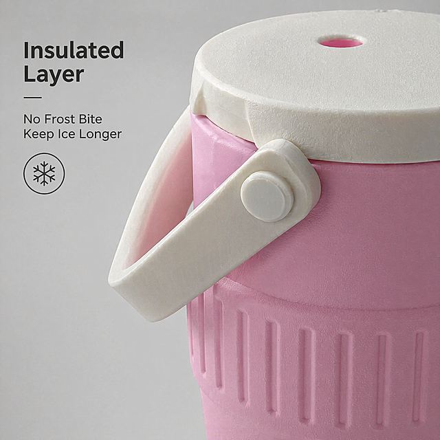 [Main Image 3] Product details close-up of insulated can cooler. Light gray low-saturation gradient background. Close-up of the insulated ribbed body and handle connection. Show the non-slip texture and smooth workmanship details. Text description: Insulated Layer No Frost Bite Keep Ice Longer. Keep product texture color consistent with original image. Soft side light highlights material texture, clear focus. 1:1 ratio, 2048x2048 resolution. Negative prompt: deformation watermark text confusion background blur