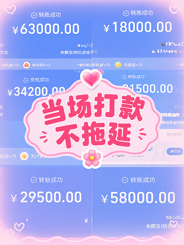 小红书笔记大字封面，配图大字，ins 奶油粉风，版式精美，小红书笔记封面质感，适合信息流点击。主标题必须完整呈现且为画面视觉中心，逐字锁定：「当场打款不拖延」。主标题字号占画面约 50% 视觉权重，清晰可读，不得增删改字。背景：采用用户【图1】转账成功截图作全屏底图，保持底图不变，所有交易金额数字（63000、18000、34200、21500、29500、58000）必须完整露出、清晰可见，不得被遮挡或裁切；在底图上叠加一层奶油粉色半透明遮罩，柔和甜美。标题排版：采用配图大字 I18 底图+半透明文本框策略，主标题居中放置在圆角粉色半透明文本框内，深粉色扁平粗黑体字，圆润可爱。装饰：主标题上方贴 1 个💖爱心 emoji 小贴纸，下方贴 1 个🌸花朵 emoji；文本框四周加浅粉色波浪花边；整体甜美柔和不花哨。整体氛围：温柔可信、女生分享、亲切感。画质：高清细腻，信息层级清晰，主标题与背景强对比，文字完整处于安全区内不可裁切，四周留安全边距，所有交易金额数字完整可见。画面比例 3:4。图生图：严格使用用户上传图片，【图1】= 底图（转账成功截图，保持底图不变、金额完整露出）。