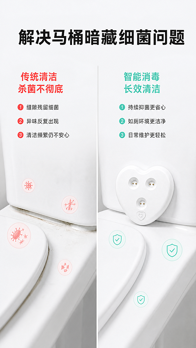 [第2屏] 马桶卫生痛点解决对比屏，展示马桶消毒器解决卫生间细菌问题。
[氛围/风格] 简约对比风，左右分栏布局，干净信息可视化，专业可信商业设计。
[元素布局] 整体左右均分两栏布局，左侧为使用前痛点场景，右侧为使用后干净解决场景，中间用细竖线分隔。产品保持心形外观、三个触点接口、底部心形按键的物理结构、磨砂质感、纯白色与输入产品图一致。左侧背景为卫生间马桶边缘，展示细菌示意图标（柔和不夸张）；右侧为干净马桶放置本产品，展示消毒后状态，标题在顶部居中。
[光影质感] 整体均匀布光，左右亮度一致，产品和场景都清晰锐利，明暗自然，无过曝或死黑。
[配色色系] 全局底色：#F5F7FA（浅灰）；主体配色：#FFFFFF（产品）+#333333（文字）；辅助色：#FF6B6B（痛点红色标注）+#4ECDC4（解决绿色标注）。
[视角构图] 左右对称对比构图，顶部为通栏大标题，下方左右分栏展示对比，信息层级清晰。
[文字版式] 顶部通栏主标题「解决马桶暗藏细菌问题」黑色粗体居中；左侧痛点区标题「传统清洁 杀菌不彻底」红色小字；右侧解决区标题「智能消毒 长效清洁」绿色小字；每个区域下方各配3个简要说明点，文字清晰不遮挡主体场景。
[比例分辨率] 9:16竖版比例，4K分辨率，文字清晰可辨，超高清。
[负向提示词] 产品变形，结构错误，细菌画面恶心夸张，颜色偏差，水印，文字错乱，背景杂乱，违规表达。