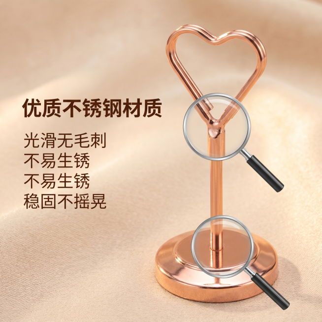 [主图 3] 爱心桌号夹材质细节品质展示
[氛围风格] 温馨舒适家居治愈风
[画质] 商业摄影质感、光线柔和通透、产品清晰真实、画面干净高级
[元素] 特写放大展示爱心桌号夹的不锈钢金属材质和爱心造型预览效果