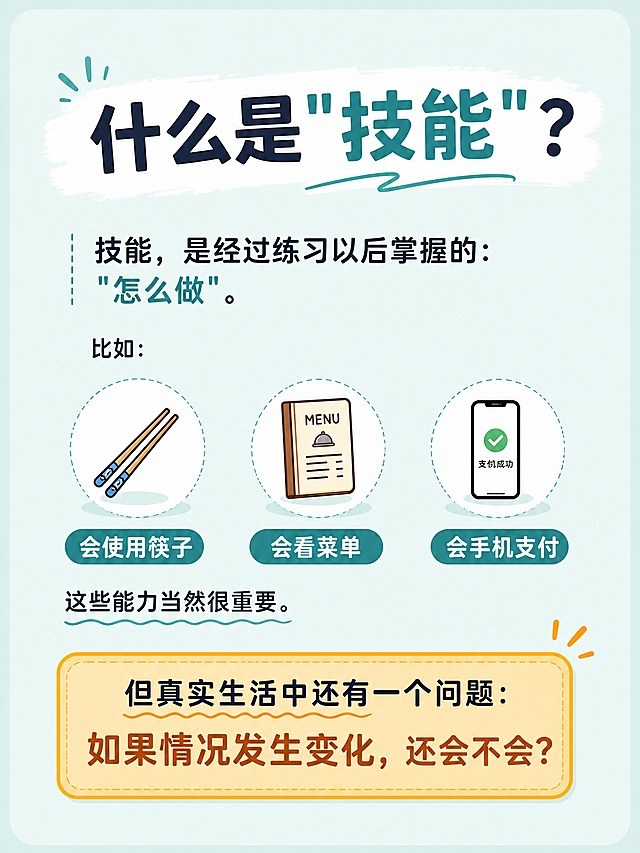 小红书图文笔记第5张·技能详解，教育科普内页风格，与整体系列统一视觉，版式精美，小红书笔记内页质感。页面顶部大标题逐字锁定：「什么是"技能"？」。主体内容：「技能，是经过练习以后掌握的："怎么做"。比如：会使用筷子，会看菜单，会手机支付。这些能力当然很重要。」。底部灵魂拷问逐字锁定：「但真实生活中还有一个问题：如果情况发生变化，还会不会？」，加橙黄色色块底框高亮。背景：浅蓝绿色背景，延续系列配色。排版：标题在上，中间三个技能点用图标+文字横向排列（筷子、菜单、手机支付），底部问题句用醒目底色突出。装饰：三个技能点各配一个简笔小图标。整体氛围：层层递进、引发思考、概念对比。画质：高清细腻，文字清晰可读，信息层级分明，四周留安全边距。画面比例 3:4，4K。
