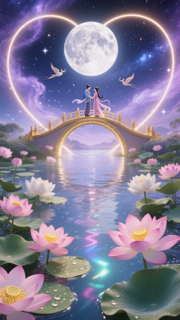 展台周围环绕着清澈的水流，水流呈心形，水中漂浮着粉色和白色的荷花，花瓣舒展，花蕊金黄。荷叶田田，上面滚动着水珠，在灯光下折射出五彩光芒。背景是一片深邃的夜空，繁星闪烁，星云如梦幻般流动，颜色以淡紫色和预览效果