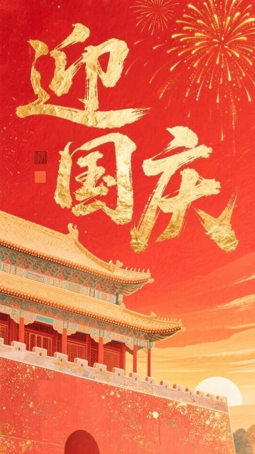 大红色背景，生成一个节日插图，唤起日落或庆祝的光芒。在这幅画的中心，醒目地用粗犷的毛笔书法字体写着大大的金色汉字“迎国庆”。在文字的下面，前景建筑为带斗拱的城楼轮廓，都用平滑的渐变来配合暖色调。顶部角预览效果