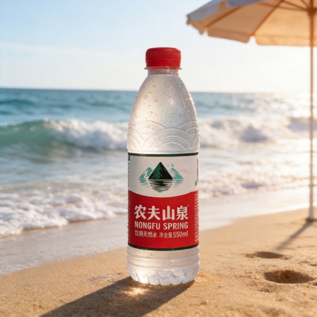 农夫山泉矿泉水，整瓶呈现，保持产品完整，夏日清凉场景，电商主图预览效果
