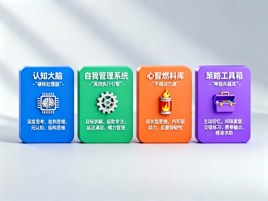 四大元能力支柱
1. 认知大脑 - “硬核处理器”

深度思考：追问本质，构建知识网络，不死记硬背。

批判思维：审视信息，辨别真伪，不盲从权威。

元认知：核心监控系统，实时感知与调整学习状态（“我预览效果