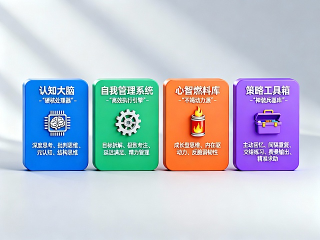 四大元能力支柱
1. 认知大脑 - “硬核处理器”

深度思考：追问本质，构建知识网络，不死记硬背。

批判思维：审视信息，辨别真伪，不盲从权威。

元认知：核心监控系统，实时感知与调整学习状态（“我懂了吗？方法对吗？”）。

结构思维：将碎片知识建构成大厦（善用思维导图、知识树）。

2. 自我管理系统 - “高效执行引擎”

目标拆解：将大梦想变为每日可执行计划（SMART原则）。

极致专注：快速进入“心流”状态，屏蔽干扰（番茄工作法）。

延迟满足：为长期目标，管理短期欲望（先完成后享乐）。

精力管理：保障睡眠、运动、营养，学习是马拉松。

3. 心智燃料库 - “不竭动力源”

成长型思维：相信“我能通过努力变聪明”，视挑战为机会。

内在驱动力：为好奇心与探索乐趣而学，不为分数所困。

反脆弱韧性：压力下迅速恢复，从挫折中学习与进化。

4. 策略工具箱 - “神装兵器库”

主动回忆（自测>重复阅读）

间隔重复（科学规划复习）

交错练习（混合题型提升应变）

费曼输出（以教促学，彻底搞懂）

精准求助：会提问，善用一切资源。