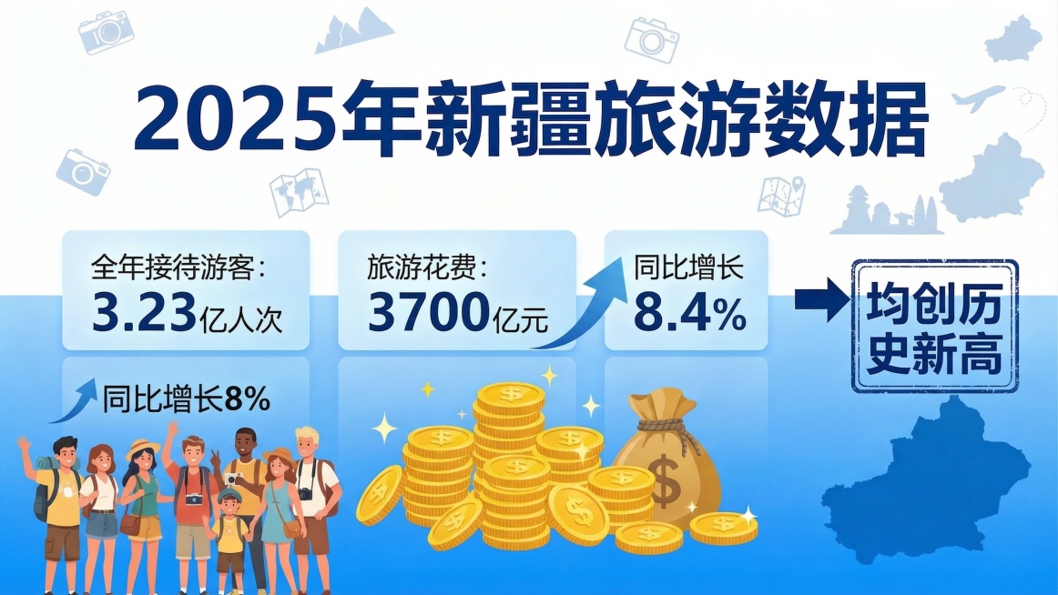 信息图表，展示新疆旅游数据：2025年全年接待游客3.23亿人次，旅游花费3700亿元，同比分别增长8%、8.4%，均创历史新高。图表设计清晰简洁，数据直观突出，添加游客人物形象和金币元素进行点缀，采预览效果
