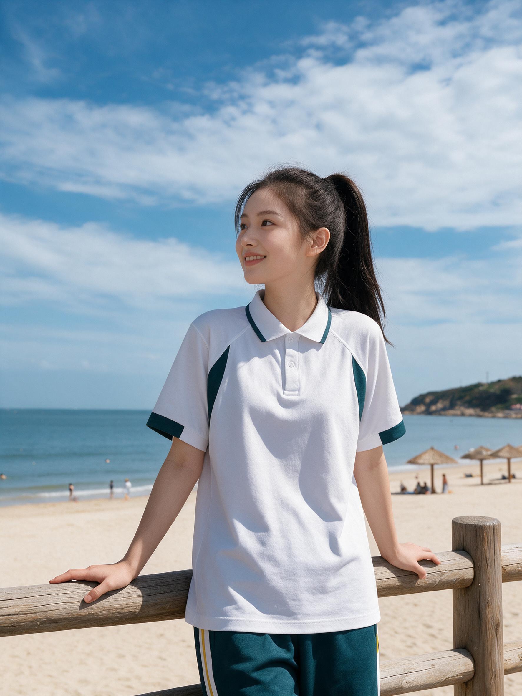 海边沙滩度假村少女半身照（半身构图）。保持图1右侧女模特的相貌… - 图片创意预览