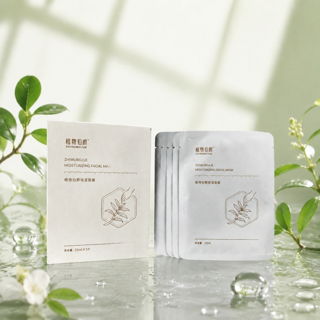 删除图片中所有额外添加的文字（植萃保湿、植物伯爵保湿面膜），仅保留产品包装上原有的文字，保留全部视觉元素（产品包装、绿叶、水滴、水花背景），保持原有风格、光影、配色不变，背景自然过渡，生成干净无额外文预览效果