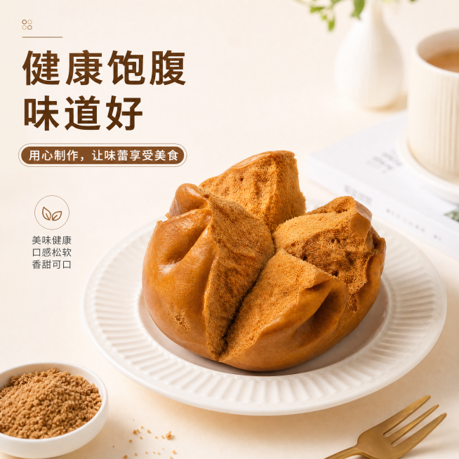 保持图中红糖开花馒头产品本身不变，略微调整产品拍摄角度，整体构图接近但不重复，保留卖点文字“健康饱腹 味道好”和“用心制作，让味蕾享受美食”，重新排版文字布局，与原排版不一样，更换全新背景，与原图背景预览效果
