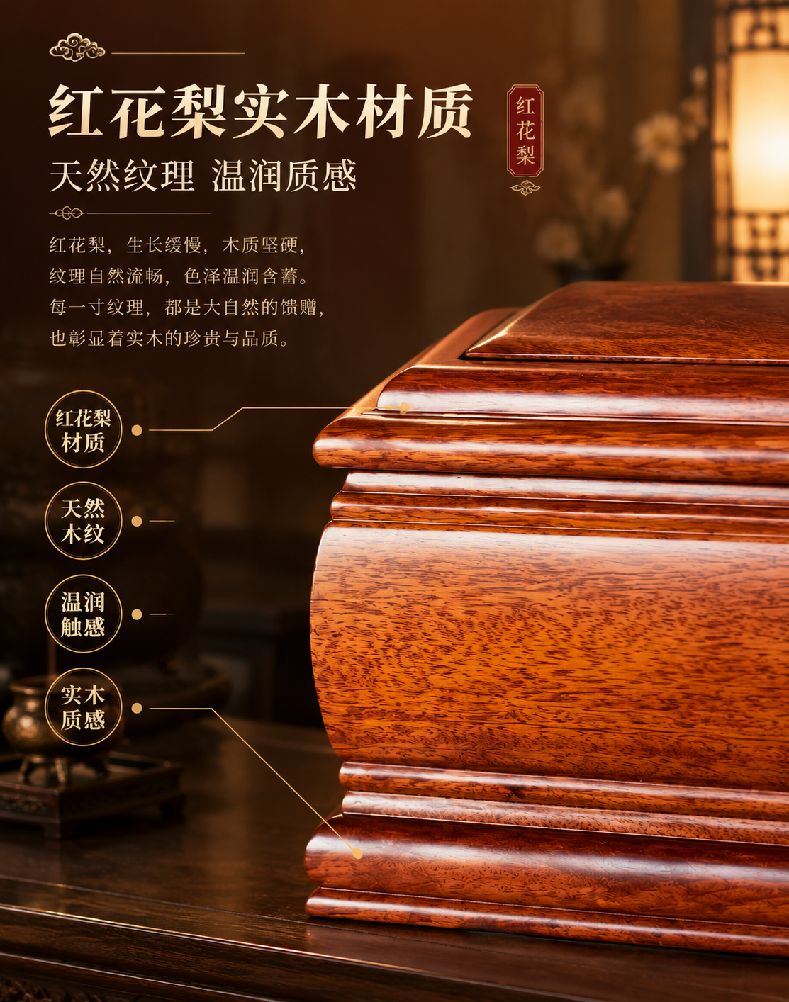 [主图-3] 材质细节·红花梨实木质感，展示木纹与材质品质。… - 图片创意预览