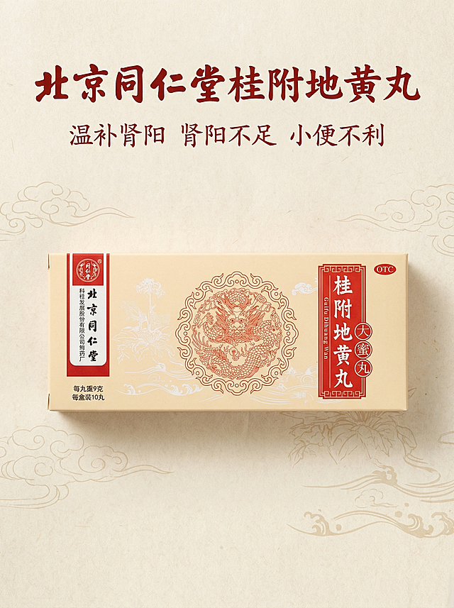 [主图 1] 北京同仁堂桂附地黄丸产品首图
[氛围风格] 传统中式古风，展现百年药企品牌古韵，大气沉稳
[画面元素] 商业摄影质感，光线柔和通透，产品清晰真实，画面干净高级。北京同仁堂桂附地黄丸药盒居中展示，背景为淡雅中式宣纸底纹搭配暗纹云纹，整体干净简洁突出产品主体
[配色色系] 主色调：米黄色、传统红色；辅助色：浅米宣纸色，保留产品原有品牌配色
[视角构图] 平视拍摄，主体居中，景深适中，无边框满铺设计
[文字版式] 顶部居中放置主标题“北京同仁堂桂附地黄丸”大字，下方依次排列核心卖点“温补肾阳 肾阳不足 小便不利”，字体采用古风书法字体，红色文字配浅底，对比清晰，文字不遮挡产品主体，保留安全边距
[比例分辨率] 3:4 比例，2K 分辨率；文字清晰可辨，超高清
[负向提示词] 变形，水印，文字错乱，产品图模糊，背景杂乱，牛皮癣，配色刺眼，绝对化违禁词，夸大功效