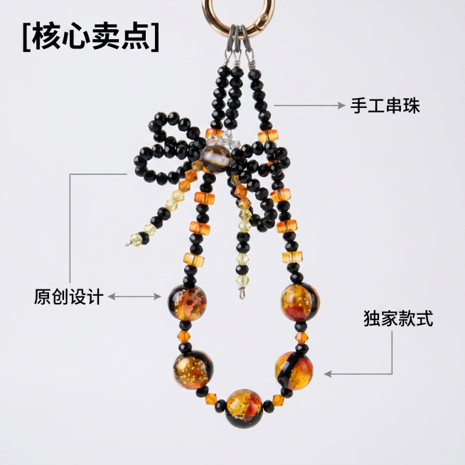 [主图 2] 手工手机链核心亮点展示。
[氛围风格] 简约精致专业饰品展示风格
[画质] 商业摄影质感、光线柔和通透、产品清晰真实、画面干净高级
[元素] 保持这款手工串珠手机链的外观、物理结构、材质预览效果
