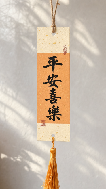 竖向书签吊牌，和参考图风格一致，米白色洒金卡纸，带打孔麻绳流苏，中间色块背景，黑色毛笔字体写"平安喜乐"，角落加红色印章装饰，整体国风禅意预览效果