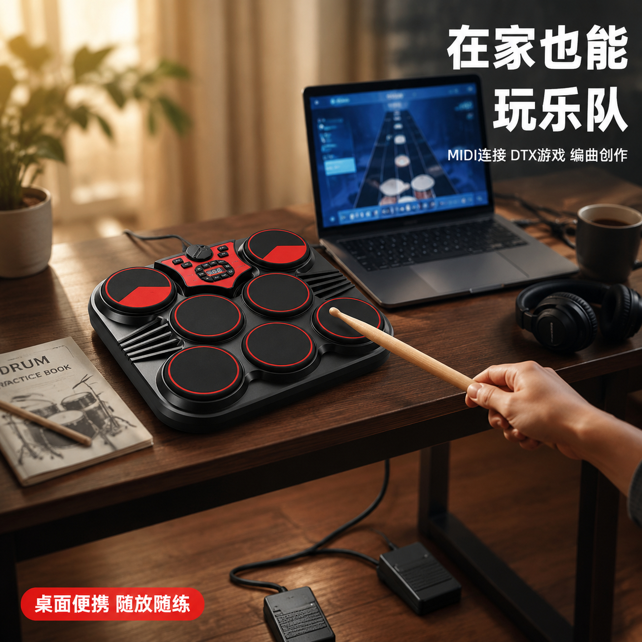 [主图-4] 真实使用场景 居家桌面练鼓场景 [氛围风格] 真… - 图片创意预览