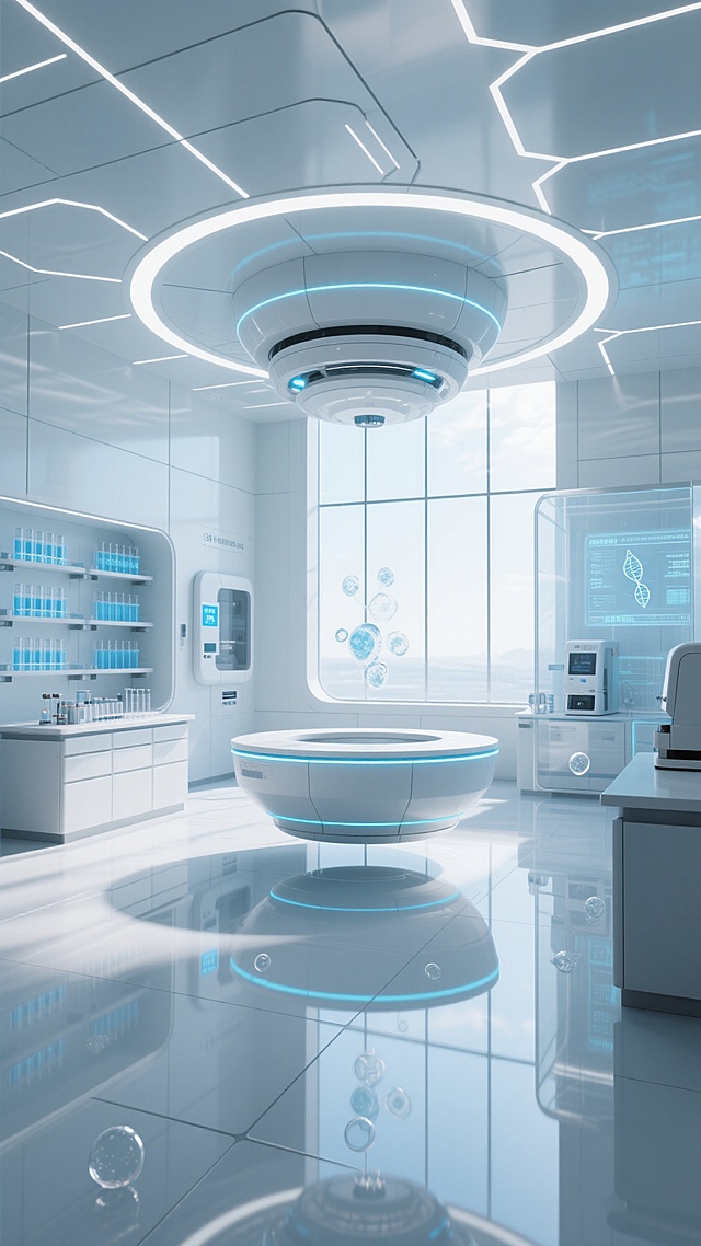 全景构图，极简风格的量子生物实验室内部，6米高的纳米自洁玻璃幕墙让晨光均匀漫射，360°环绕式无影灯带在悬浮式天花板上形成精密的几何光网。中央悬浮着由超导磁悬浮技术支撑的环形实验台，台面采用航空级白色陶瓷复合材料，边缘嵌入冷光蓝色状态指示灯。地面是无缝拼接的超白玻璃，倒映着天花板的光影矩阵与墙面模块化生物培养舱的蓝色数据流。左侧墙面上嵌入式智能试剂架自动分类排列着带荧光标识的纳米试管，右侧半透明亚克力隔断后可见带全息投影界面的基因测序仪，所有设备线条呈现精确的135°倒角处理。空气中悬浮着0.1微米级的净化气泡，整体色调由92%的超白与8%的科技蓝构成，营造出零重力感的绝对洁净科研空间。