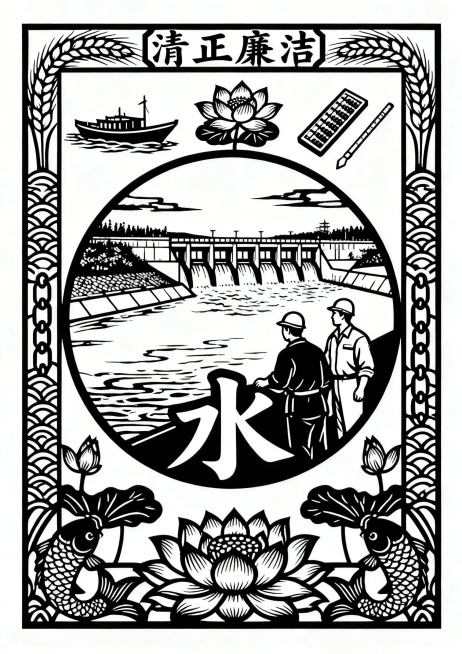 水利廉洁主题A4剪纸底稿，外方内圆中心对称构图，外层矩形边框，顶部文字清正廉洁，两侧麦穗，左右水纹锁链纹样，底部莲花鲤鱼。内层圆形主景，远景山东黄河大堤引黄闸，中景两位水利工作者，前景水字变形嵌入廉字预览效果