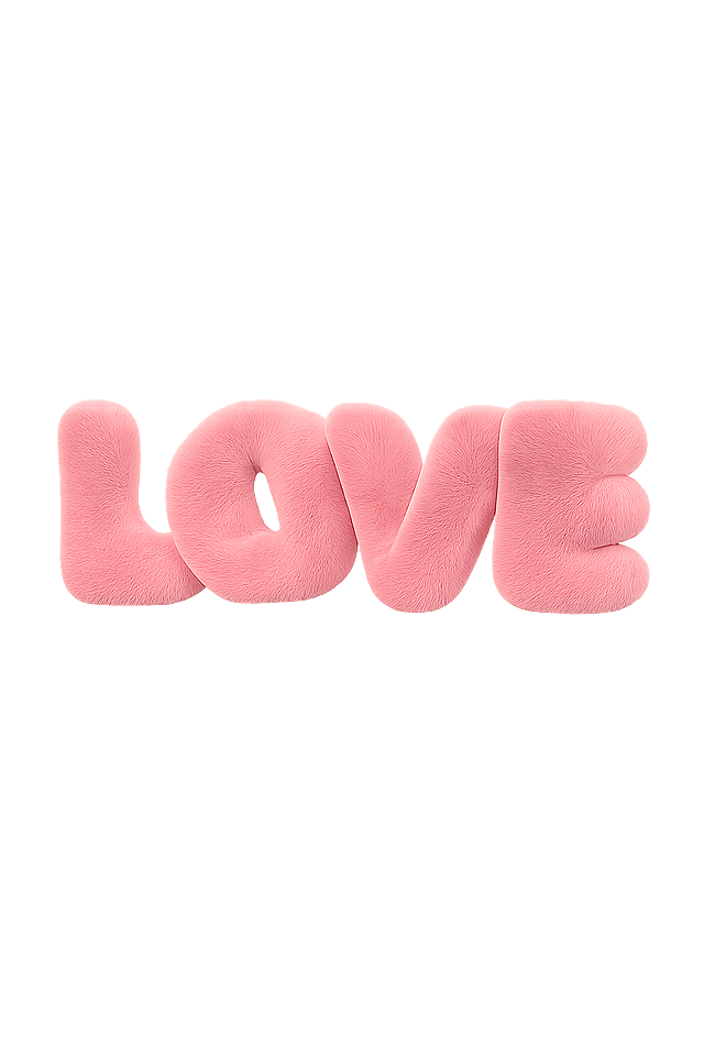 复刻图中的粉色毛绒材质英文字母LOVE，只保留这四个英文字母，背景设置为完全透明，字体样式和毛绒质感和参考图一模一样