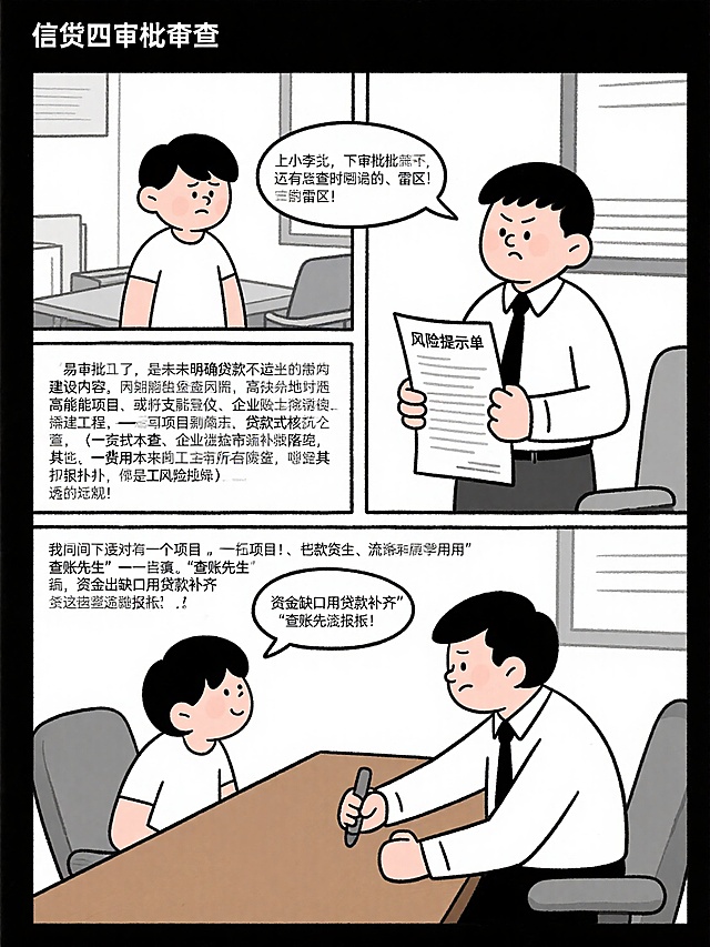 时间：同一日下午
地点：信贷审查办公室
道具：风险提示单、项目资金计划表
 
小李：（皱眉）张工，除了审批手续，还有什么是审查时容易忽略的“雷区”？
 
张工：（拿出一份风险提示单）最容易踩坑的，就是没明确贷款不能支持的建设内容。比如国家限制的高耗能项目，或者违反土地政策的违建工程，哪怕项目盈利再好，贷款也不能沾边。另外，项目资金来源必须“穿透式核查”——政府补贴是否到位？企业自筹资金是否落实？如果一笔费用本该由企业自有资金支付，却想拿贷款填补，这就是严重违规。
 
小李：（点头）明白了！我之前就遇到过一个项目，把贷款资金混在其他费用里，差点没发现……
 
张工：（敲了敲桌子）所以要像“查账先生”一样较真！每一笔资金的流向都要对应明确，绝不能出现“资金缺口用贷款补齐”这种模糊表述。