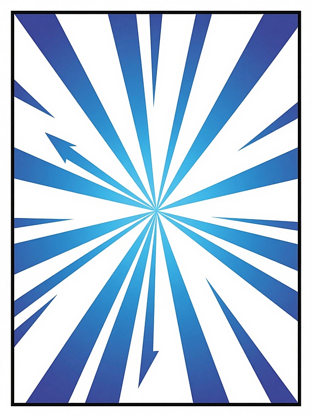 一个保持漫画框构造的设计，整体采用干净风格，画面90%为空白区域。中心是由蓝色系渐变线条组成的放射状图案，线条从中心向外呈对称分布，颜色从中心的浅蓝色逐渐过渡到边缘的深蓝色，线条带有尖锐的箭头形状，线条之间留有大量空白，形成简洁而富有动感的视觉效果，整体给人一种清爽、现代的感觉。