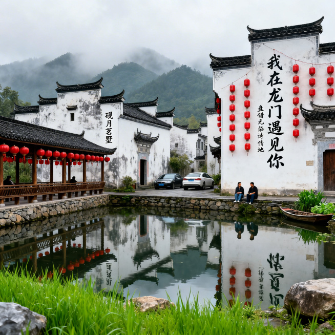 一幅充满江南水乡韵味的龙门古村景致，整体氛围宁静悠然，尽显徽派古村的温婉诗意。错落分布着典型徽派白墙黑瓦建筑，墙面白灰带着斑驳岁月痕迹，黑瓦翘角马头墙层层叠叠。右侧墙面悬挂成串红色灯笼，写有黑色书法字预览效果